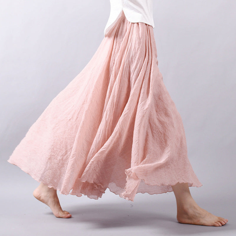 Mori Girl Art Plus Size Cotton And Linen Skirt Elastic Waist Linen A-line Skirt