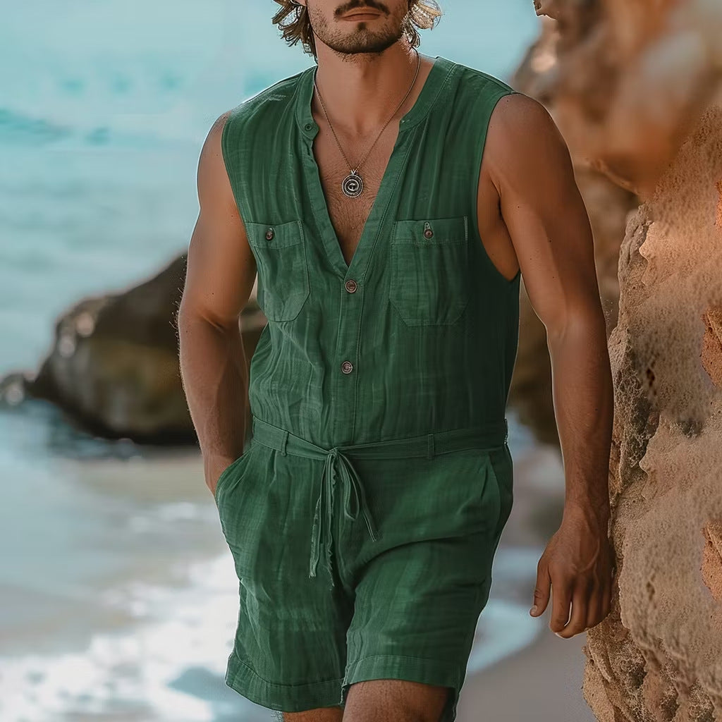 SpringSummer Mens Sleeveless Vest And Drawstring Shorts Set For Beach Outdoor Wear