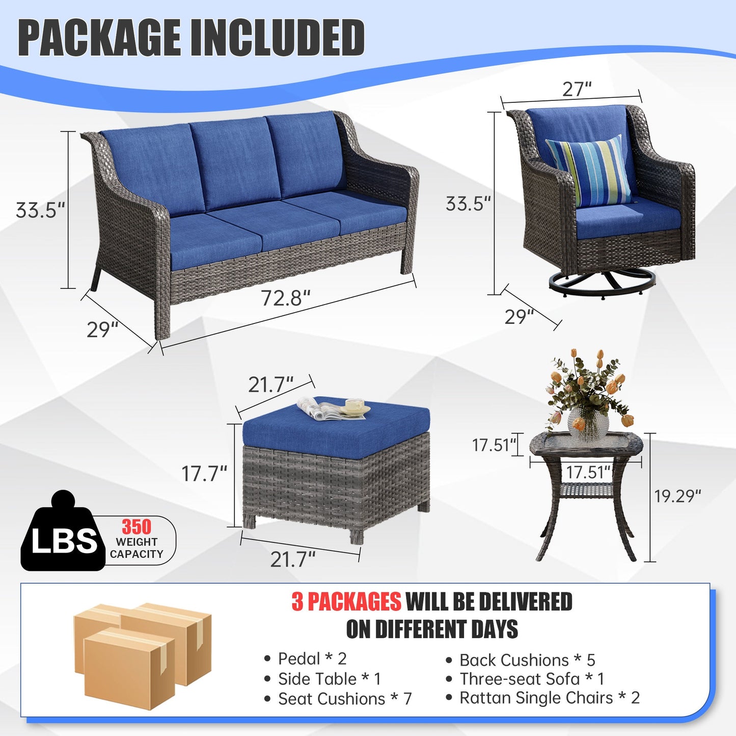 Outdoor Patio Set PE Rattan Swivel Chairs Gray Blue