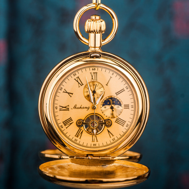 Pure Copper Double-Opening Flip-Top Mechanical Pocket Watch Sun Moon And Stars