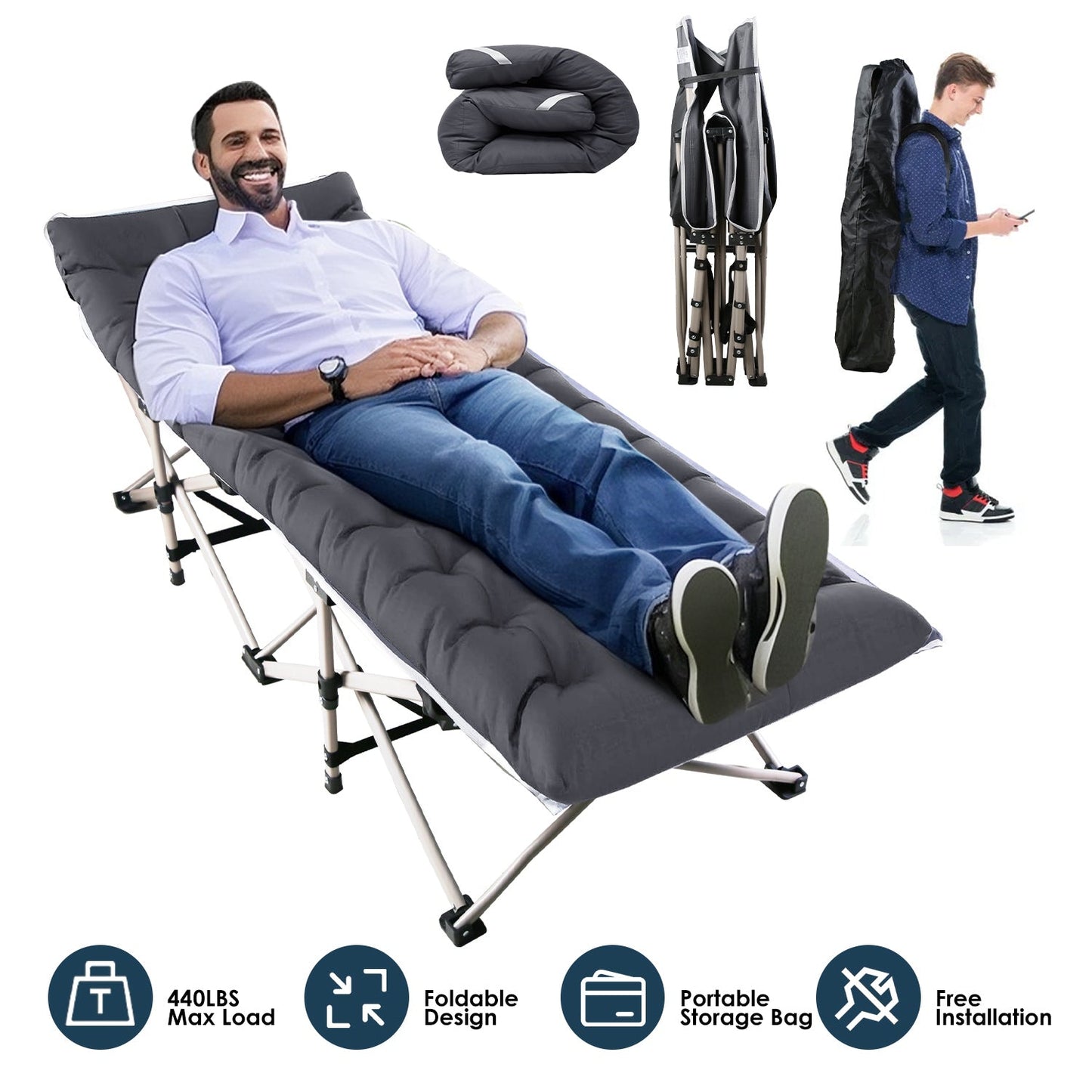 Folding Camping Cot Portable Sleeping Camping Bed Collapsible Travel Camp Cots Guest Bed Cot with 2-Sided Soft Pad 440LBS Max Load