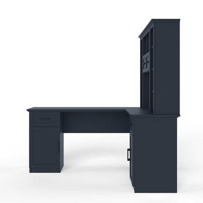 L-Shaped Computer Desk with 2 Cabinets and 2 Drawers, 11 Open Shelves and 1 R...