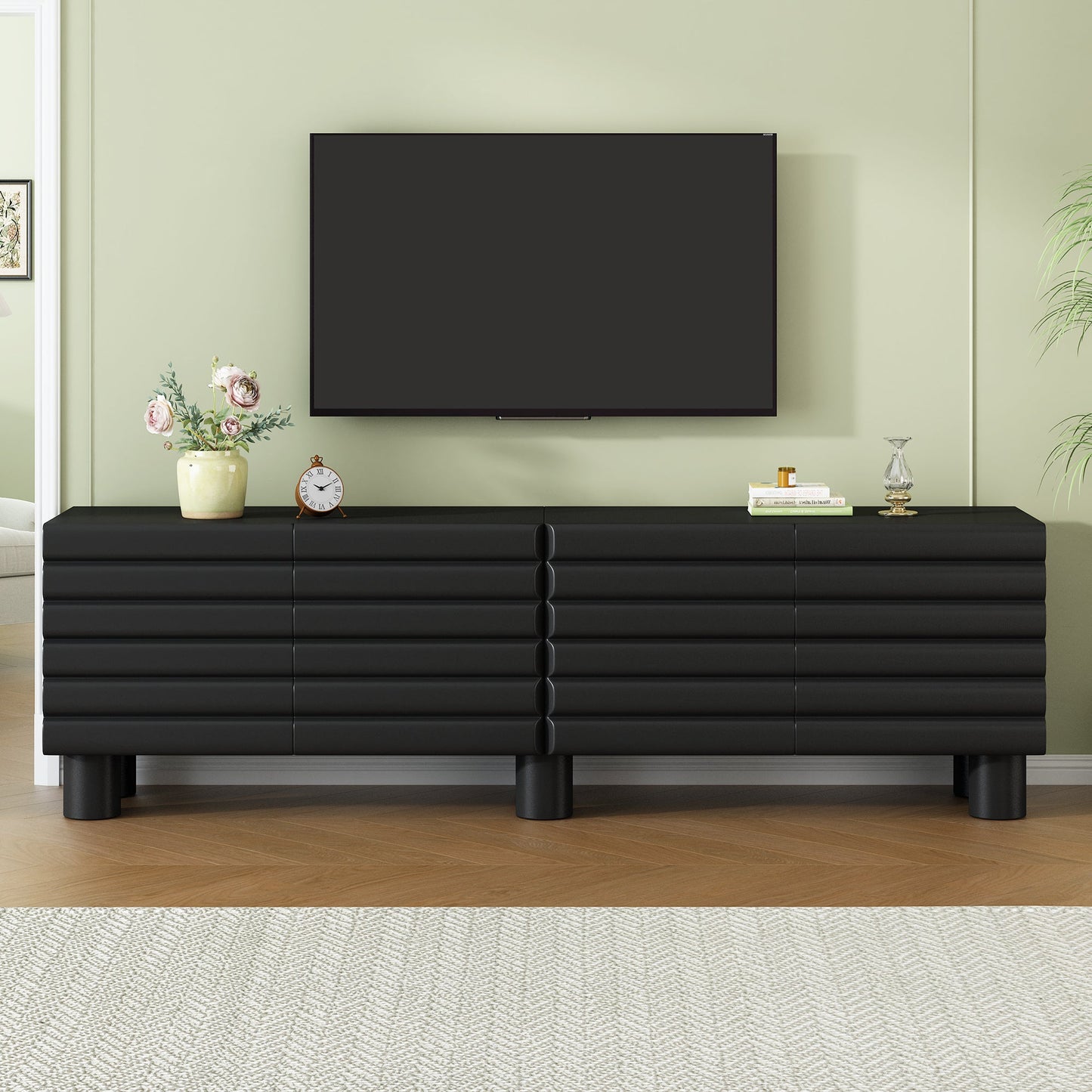 TV Stand Wavy Door Black MDF 4-Cabinet Cylindrical Legs Fits 70 In TV