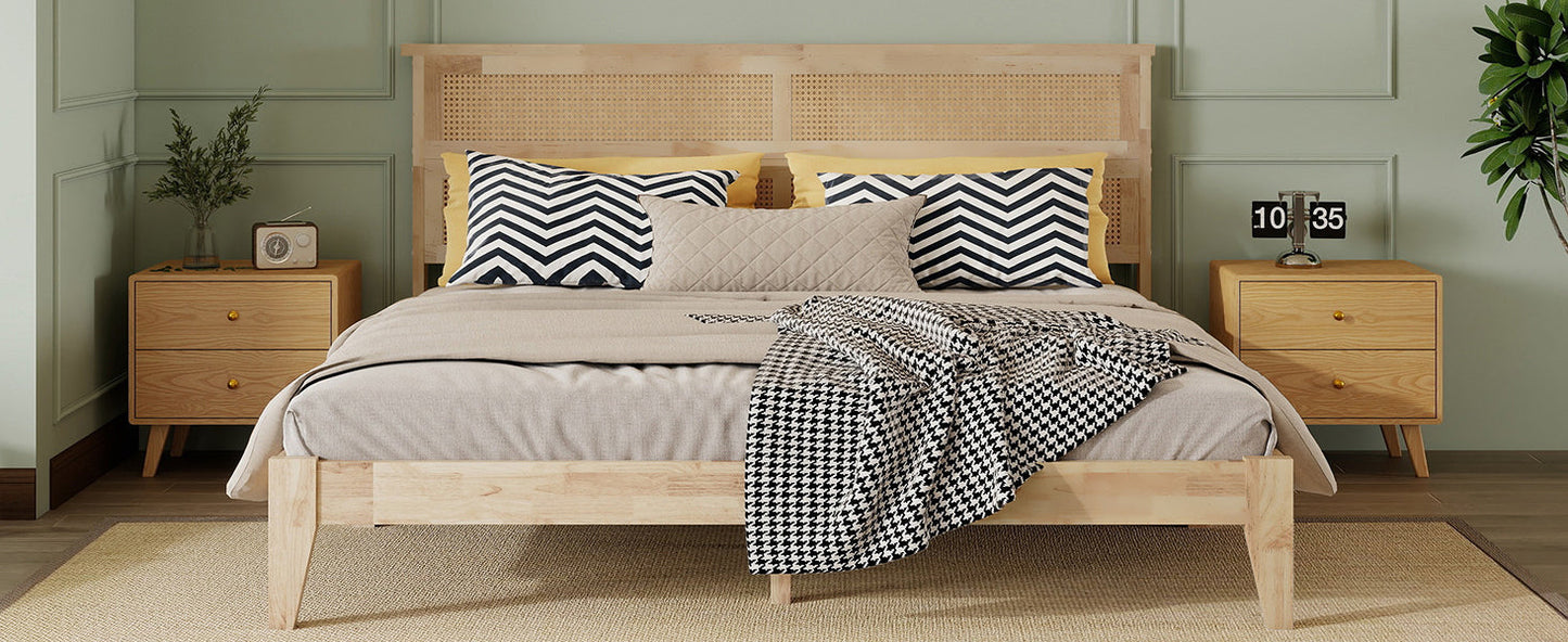 King Size Solid Wood Bed with Rattan Headboard, Rubber Wood Bed with Central