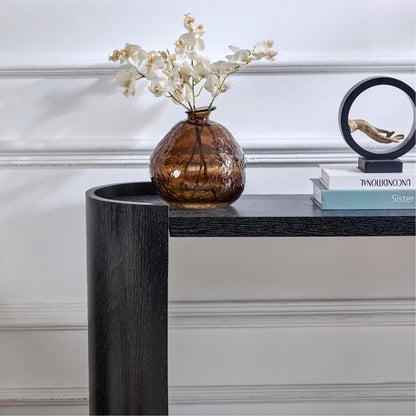 Black Curved Foyer Table, Wood Grain Minimalist Entrance Side Table