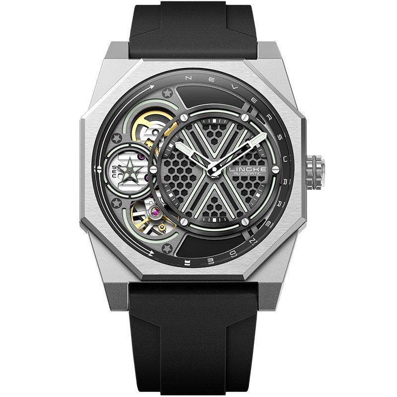 Mens Watch Tonneau-shaped Skeleton Dual-movement Quartz Wristwatch