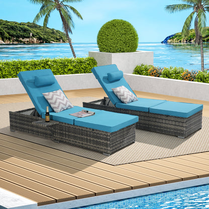 Chaise Lounge PE Rattan Steel Light Blue 5 Position Set of 2 600 LB