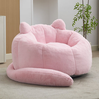 Pink Cat-shaped Adult Bean Bag Sofa with High-Density Foam, Faux Fur Upholstery