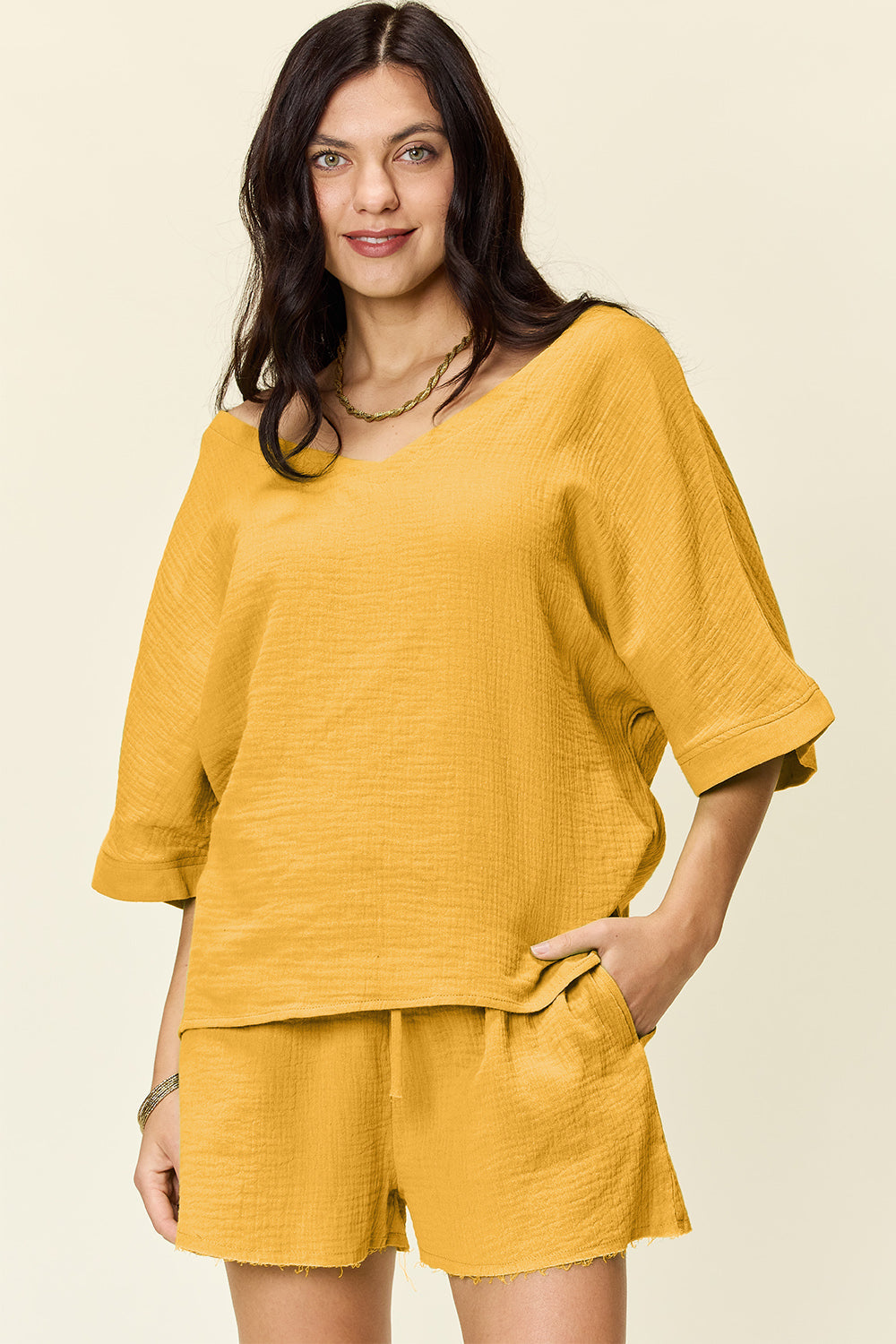 Textured Cotton T-Shirt and Drawstring Shorts Set