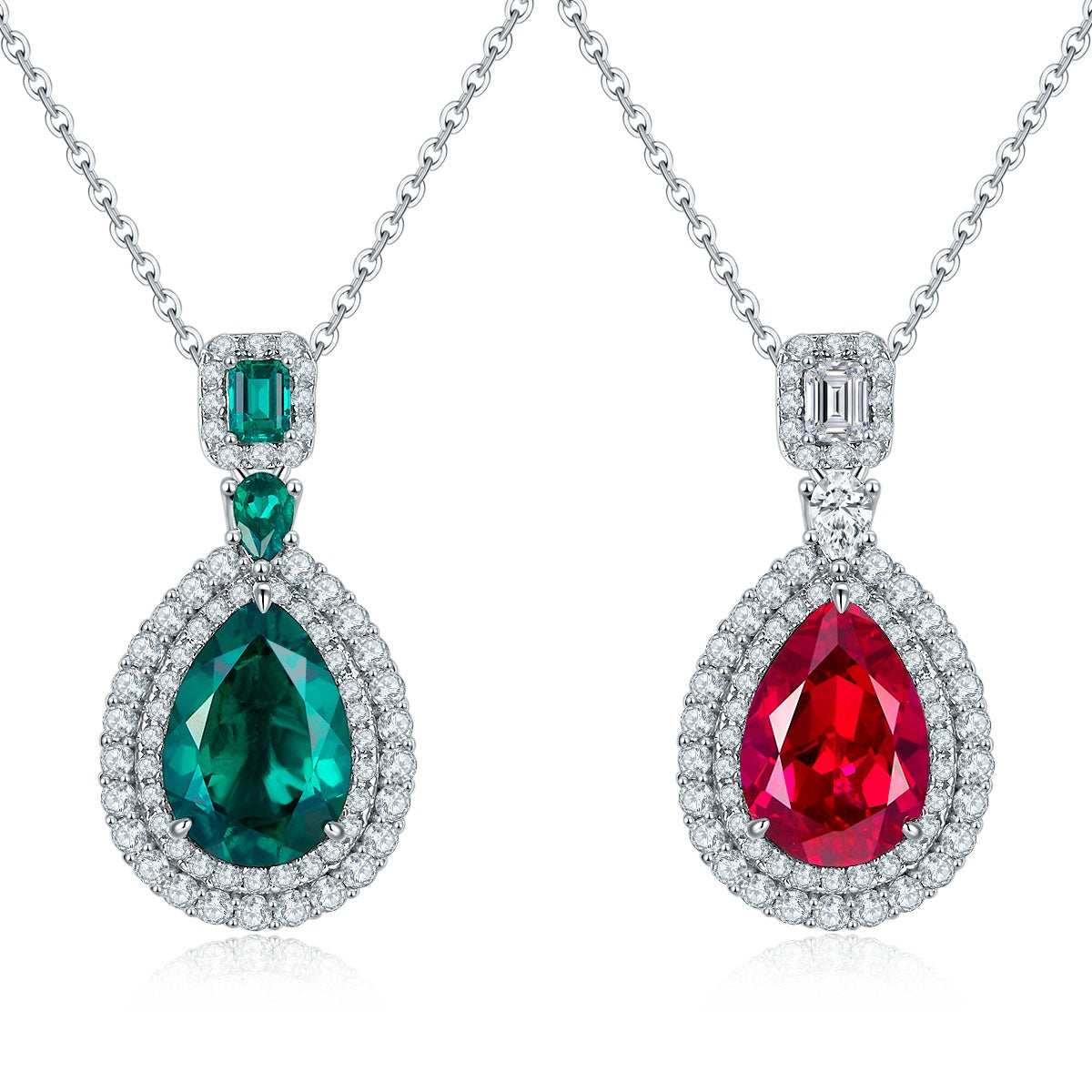 S925 Sterling Silver Lab-Grown Ruby Emerald Necklace, 13x9mm Pear Double Halo Pendant, Platinum Plated 40&45cm Chain, 5.8g Women's Gift Box