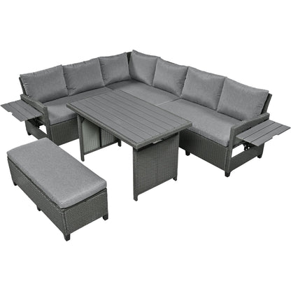 Outdoor Sectional Set PE Wicker Steel Gray 5 Piece L-Shape Seats 7