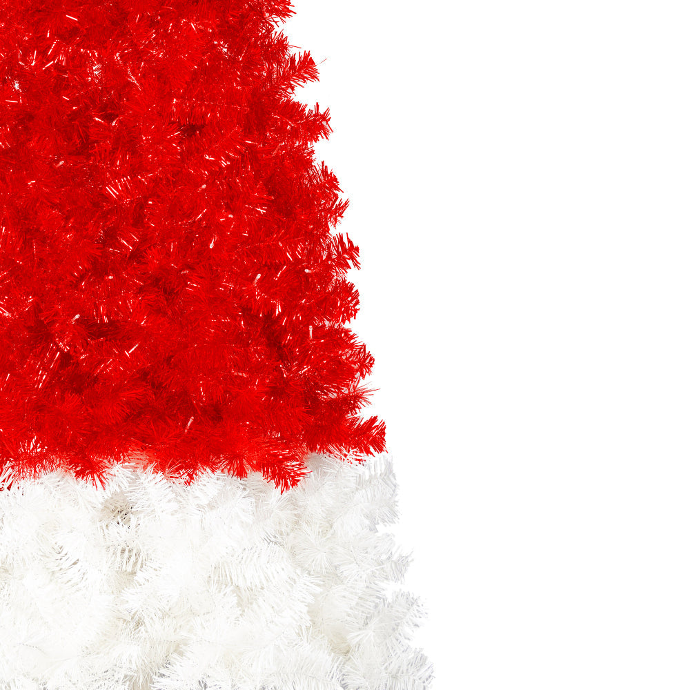 6 FT Santa Hat Shaped Christmas Tree | Pre-Lit Whimsical Curved Xmas Tree with 300 Cool White LEDs & 1050 PET Tips — Red & White