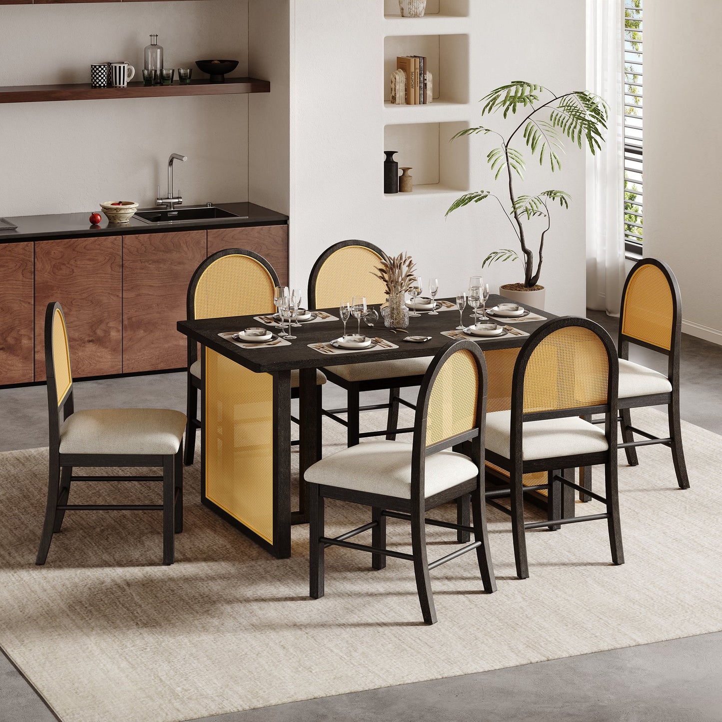 7-Piece Farmhouse Dining Table Set for 6, 59.8 in Rectangular Table with Rattan Chairs
