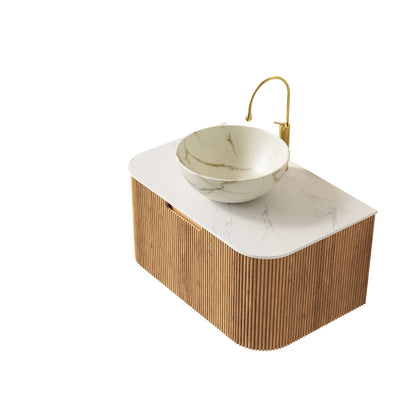 30' Bathroom Vanity&Sink, Floating Curved Edges Striped Storage Cabinet with ...
