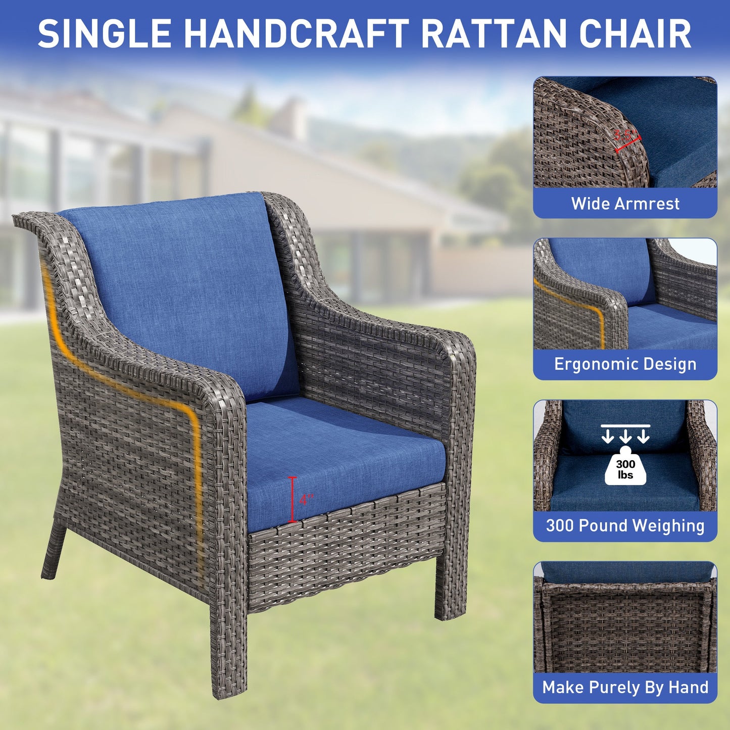 Outdoor Patio Set PE Rattan Swivel Chairs Gray Blue Footstools