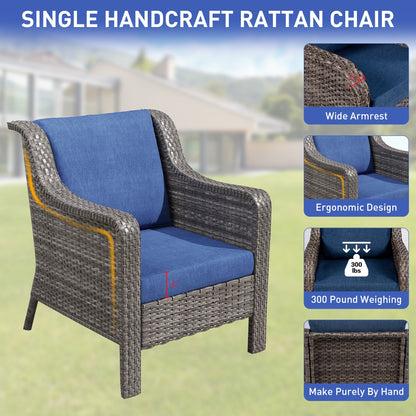 Outdoor Patio Set PE Rattan Swivel Chairs Gray Blue Footstools