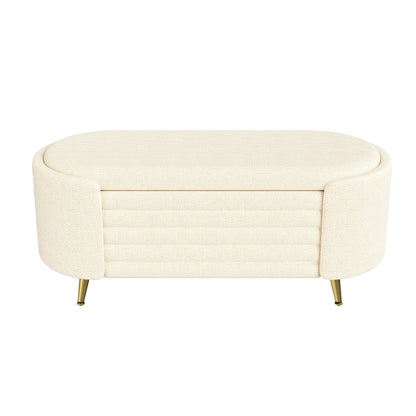 Storage Ottoman Oval Chenille Beige Metal Legs Hidden Storage 44.9x18x18 In
