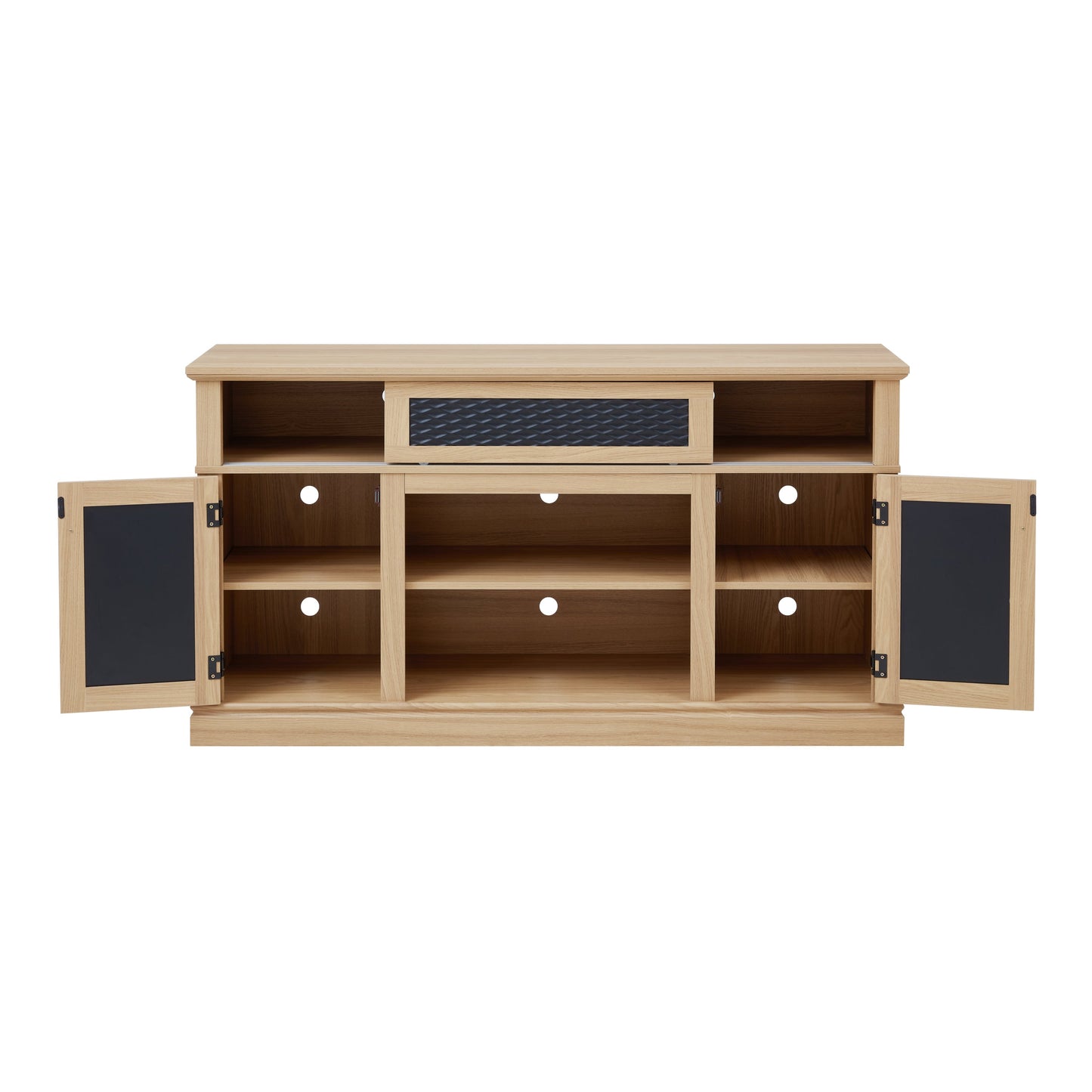 TV Stand Farmhouse Light Oak MDF Embossed Doors 3-Shelf Fits 65 In TV 58.27 In