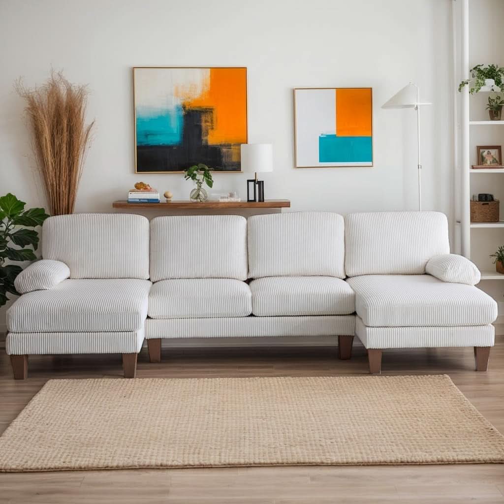 Beige 111 Inch U Shape Corduroy Sectional Sofa With Chaises