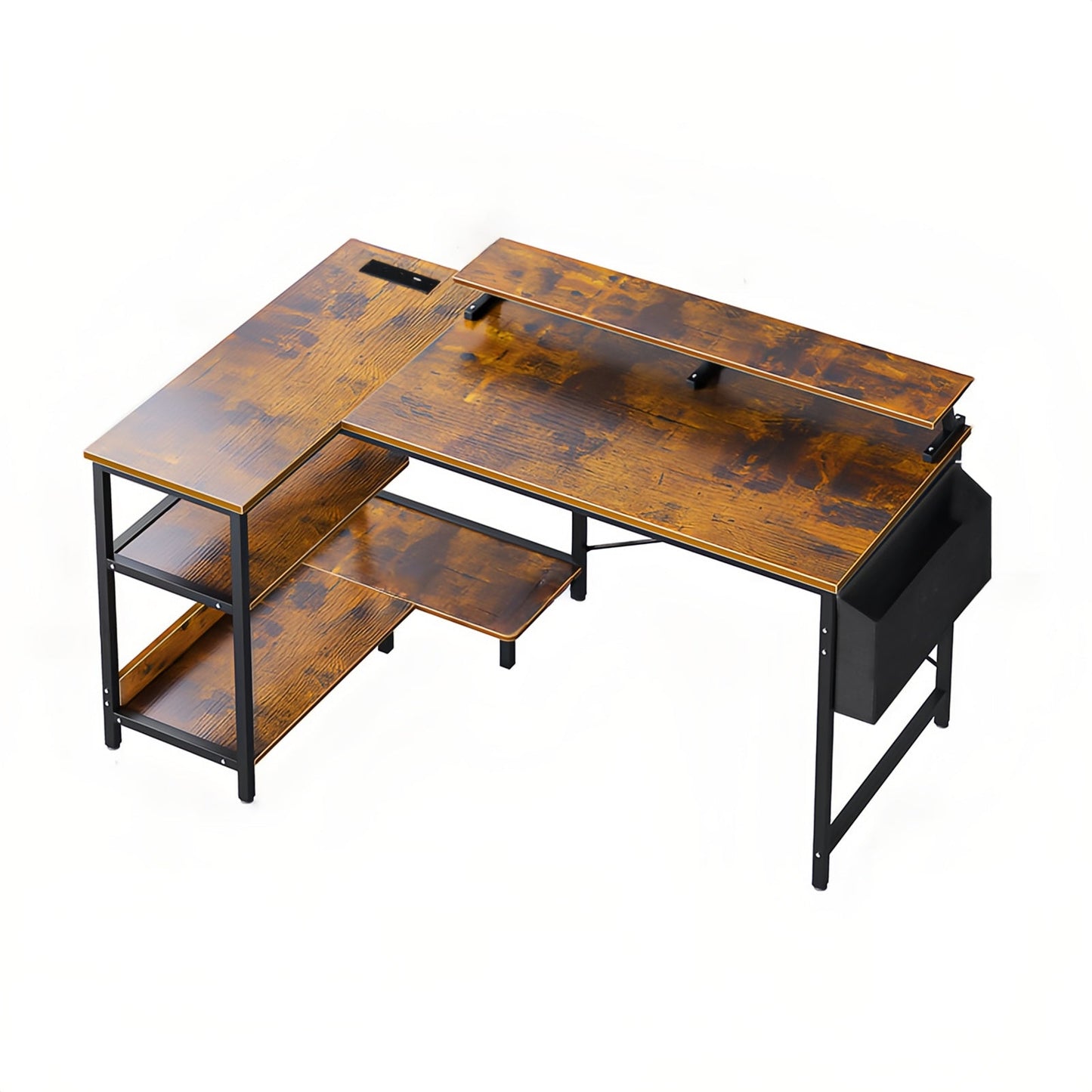 Vintage Black+Brown L Shaped Gaming Desk with Power Outlets, Monitor Stand...