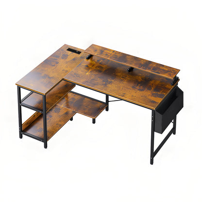 Vintage Black+Brown L Shaped Gaming Desk with Power Outlets, Monitor Stand...