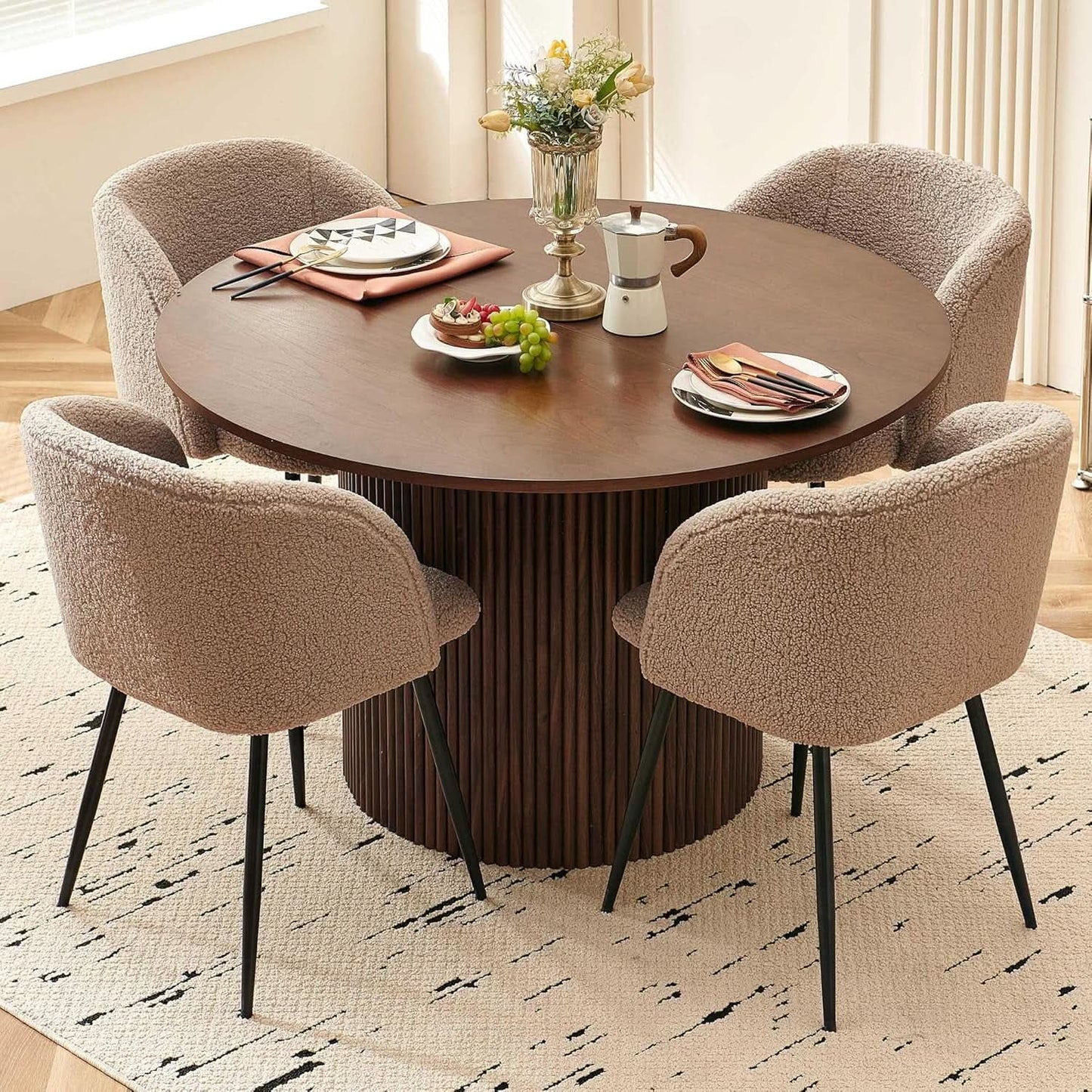 Forty Seven Inch Round Dining Table Set Walnut Finish Woodgrain Chairs