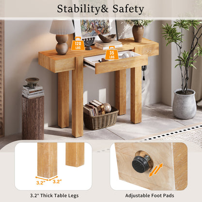 Rustic Console Table, Hidden Drawer, Side Power Outlet, Entryway Table, Natural