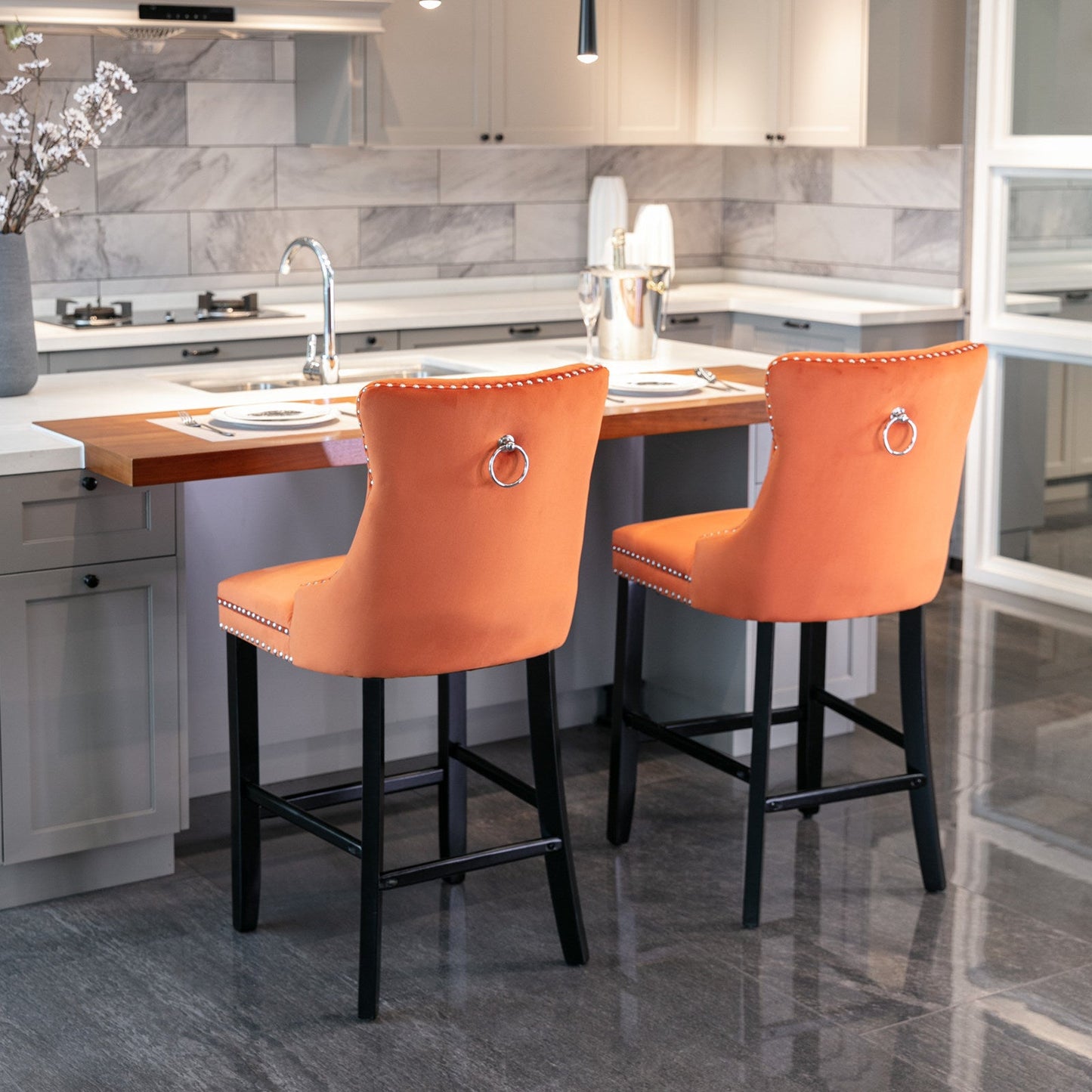 Velvet Upholstered Barstool Set of 2, Button Tufted, Chrome Nailhead, Orange