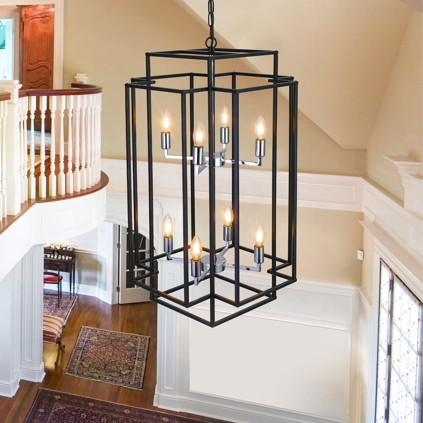 Chandelier 8-Light Black Chrome Geometric Industrial Metal Pendant 18 In