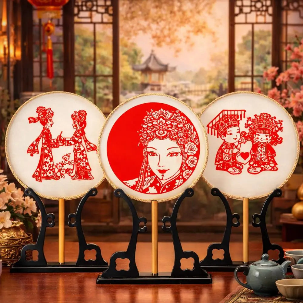 Chinese Paper-Cut Silk Round Hand Fan with Tassel