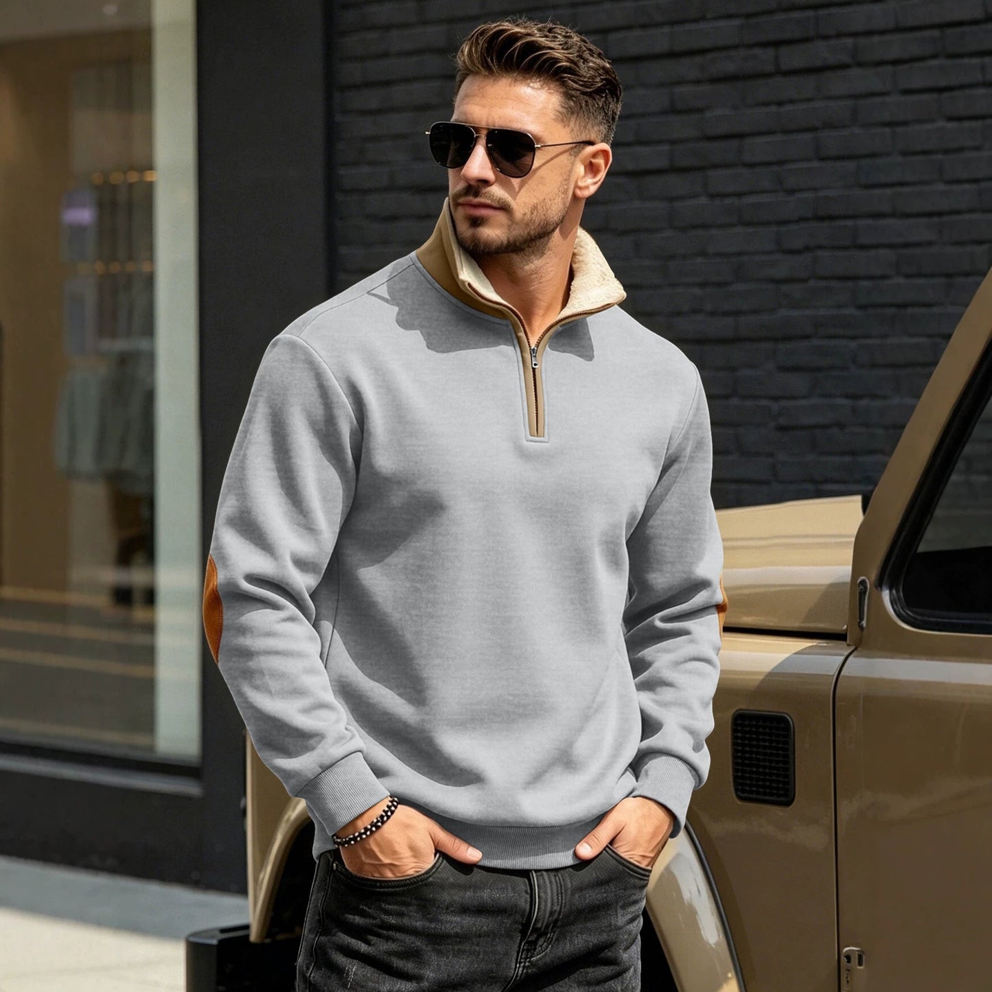Retro Patchwork Embroidered Half-Placket Mens Long-Sleeve Sweatshirt