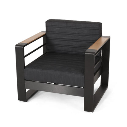 Outdoor Club Chair Aluminum Black Slat Design Water-Resistant 32x27.5x24.75 In