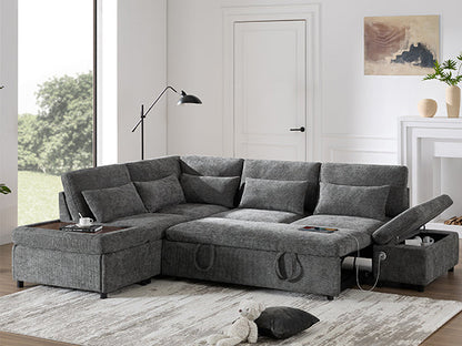 Sofa Bed L-Shape Chenille Gray 6 Seat Pull-Out USB Ports 107 In