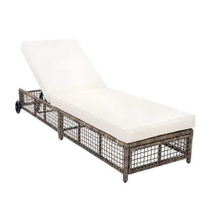 Outdoor Lounge Chair with 5-Position Backrest, Rattan Chaise Lounge in Beige
