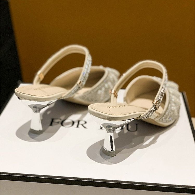 Women Pearl Rhinestone Pointed Toe High Heel Slippers, 2026 New Korean Fairy Style Thin Heel Single Strap Sandals For Outdoor Wear