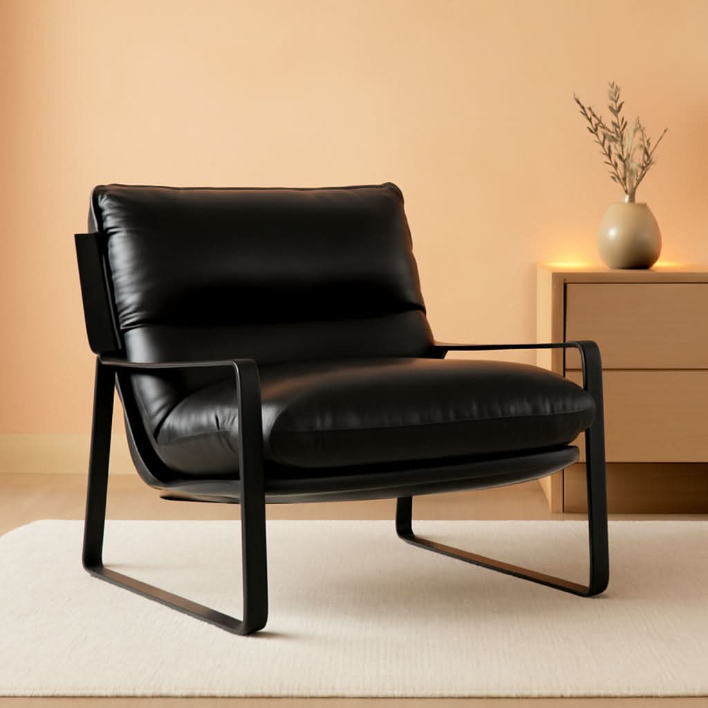Black PU Leather MidCentury Upholstered Leisure Armchair