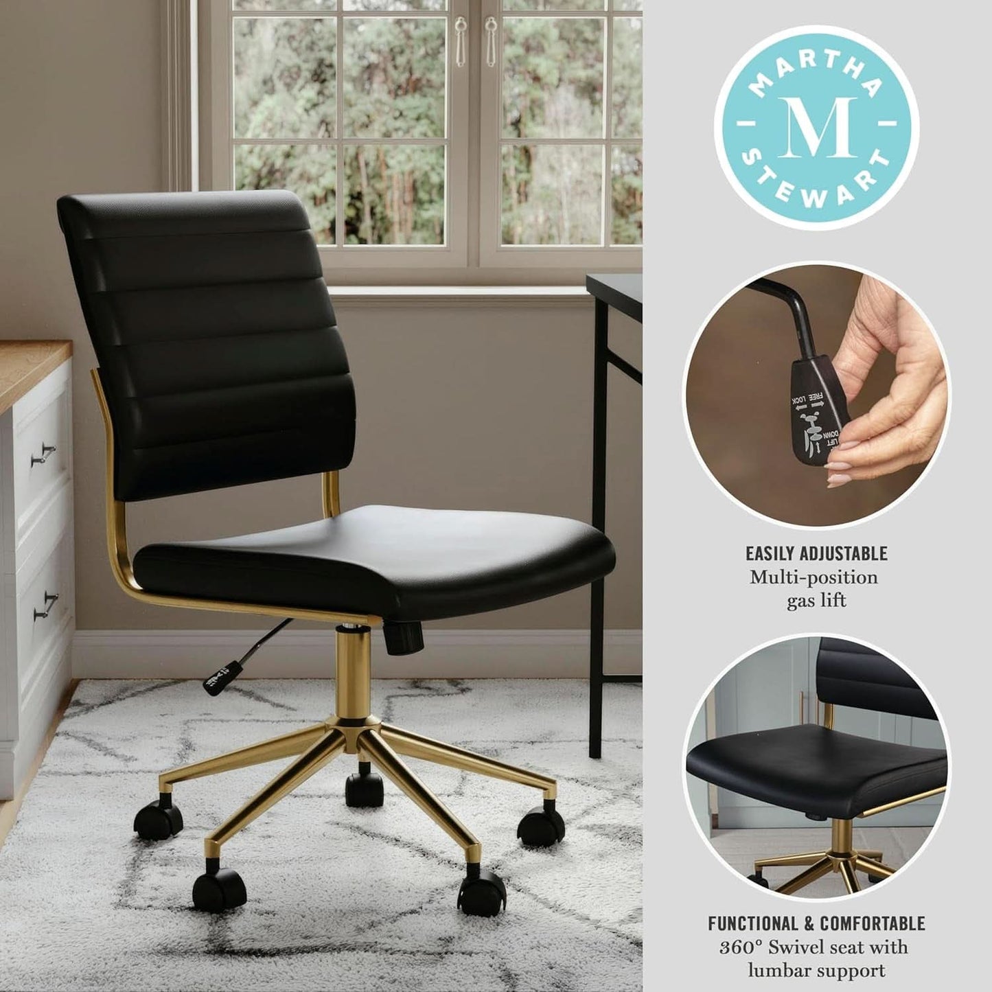Armless Swivel Task Chair Black Faux Leather Brass Frame