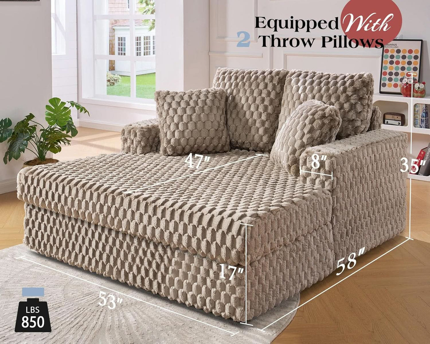 Brown Plush Sleeper Chair 53Inch Chaise Lounge With Pillows