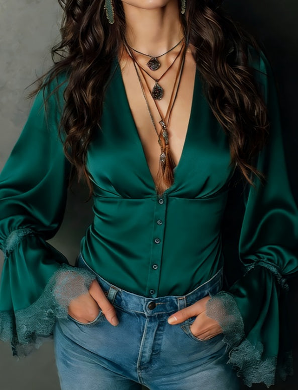 Women's Western Retro Deep V-Neck Flared Sleeve Slim Long Sleeve Top