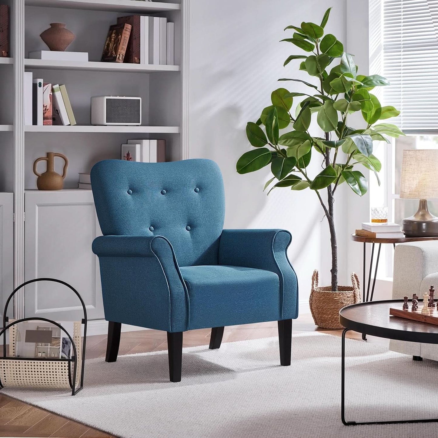 Navy Blue Compact Midcentury Armchair Tufted Backrest
