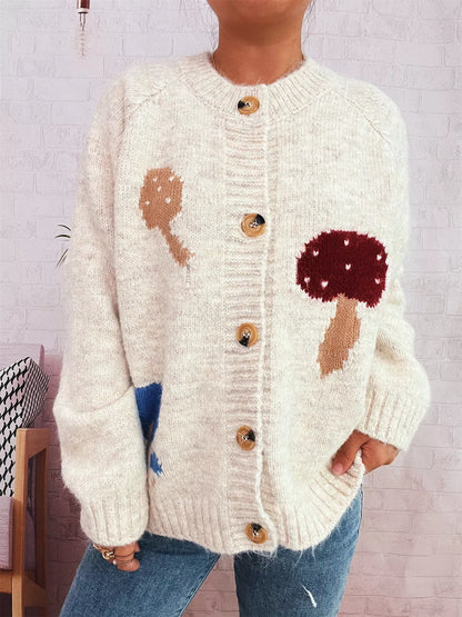 Mushroom Pattern Button-Up Cozy Knit Cardigan