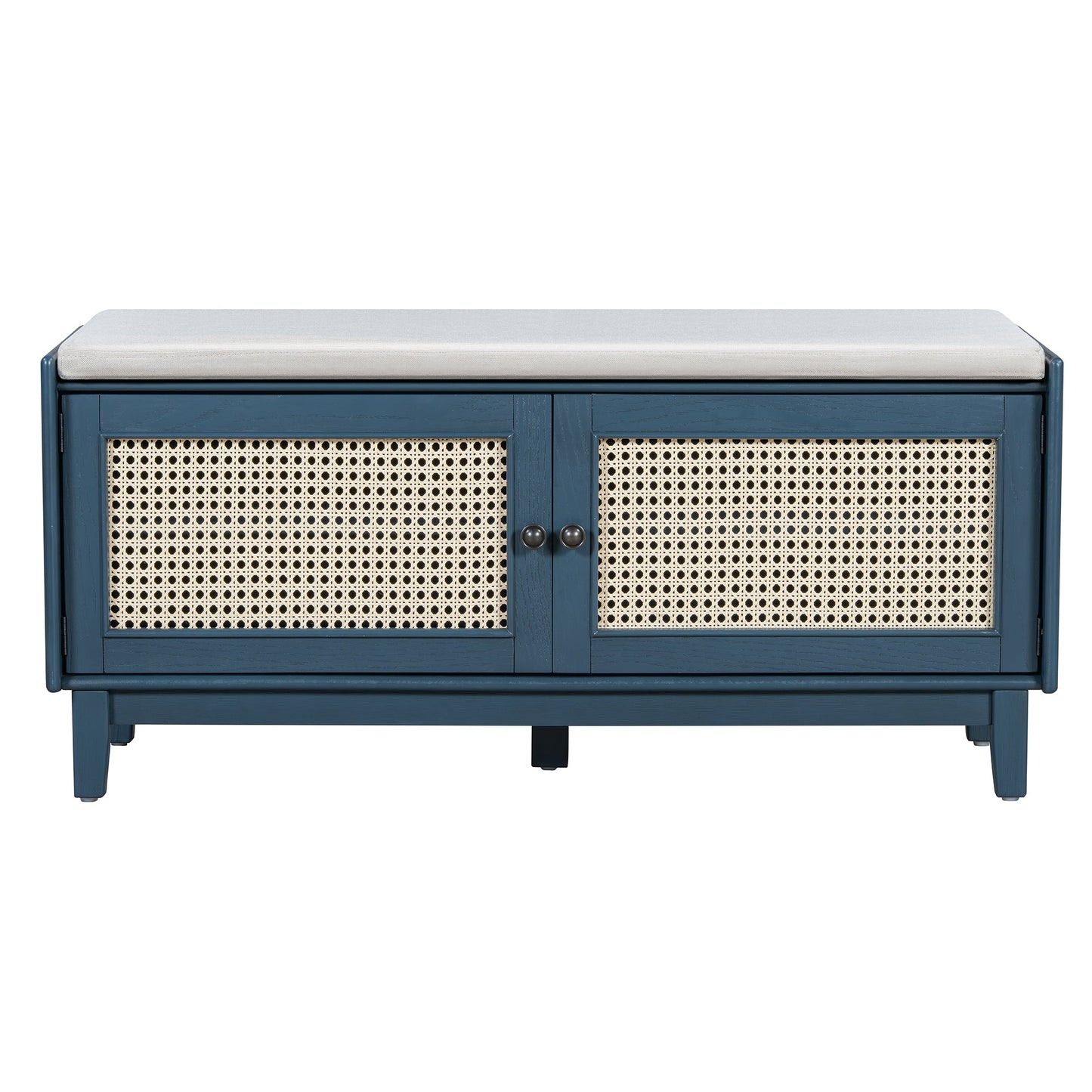 Boho Rattan Entryway Bench with Storage, Cushioned Shoe Bench with Double