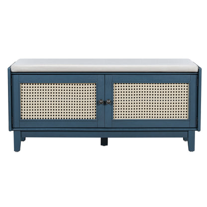 Boho Rattan Entryway Bench with Storage, Cushioned Shoe Bench with Double