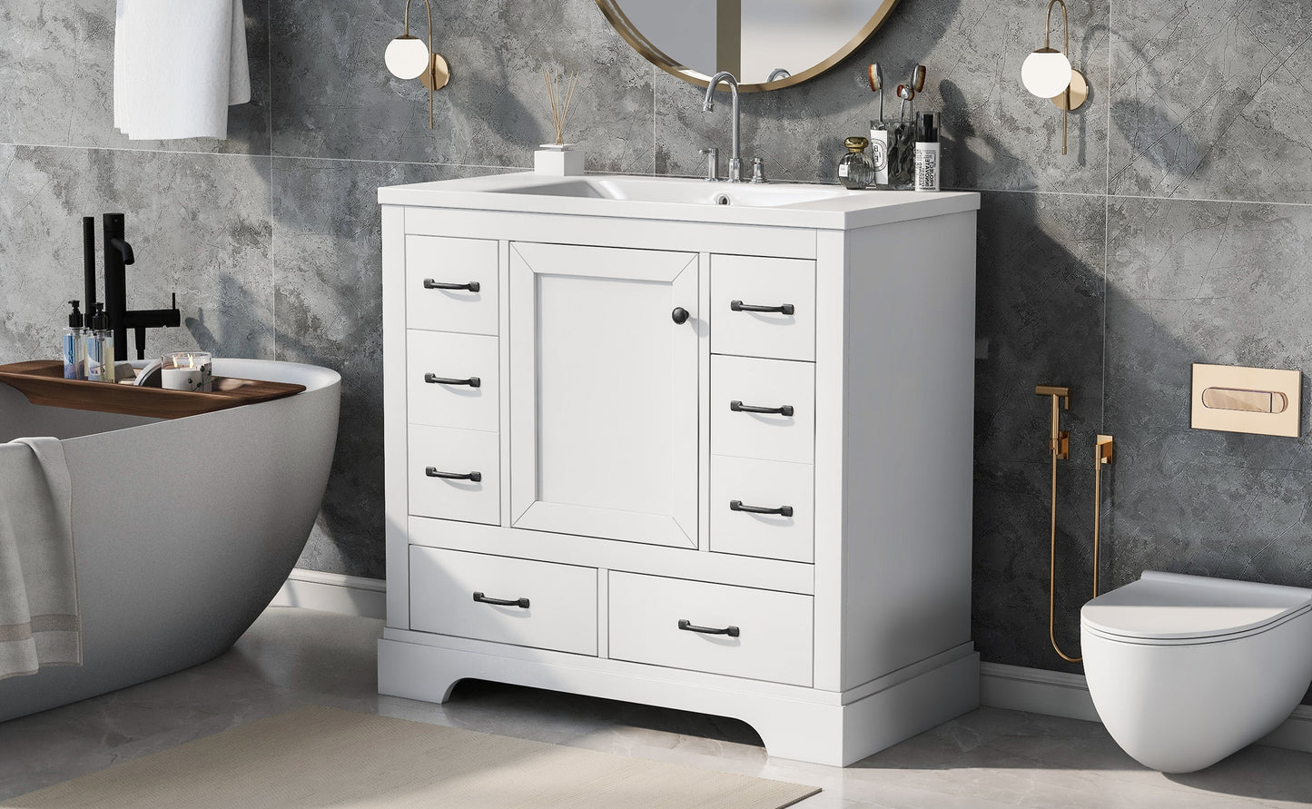 36' Bathroom Vanity with Sink Combo, Six Drawers, Multi-Functional Drawer Div...