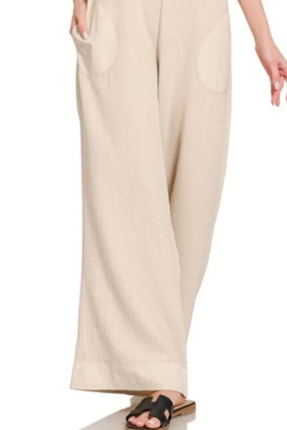 Zenana Double Gauze Washed Wide Leg Overalls