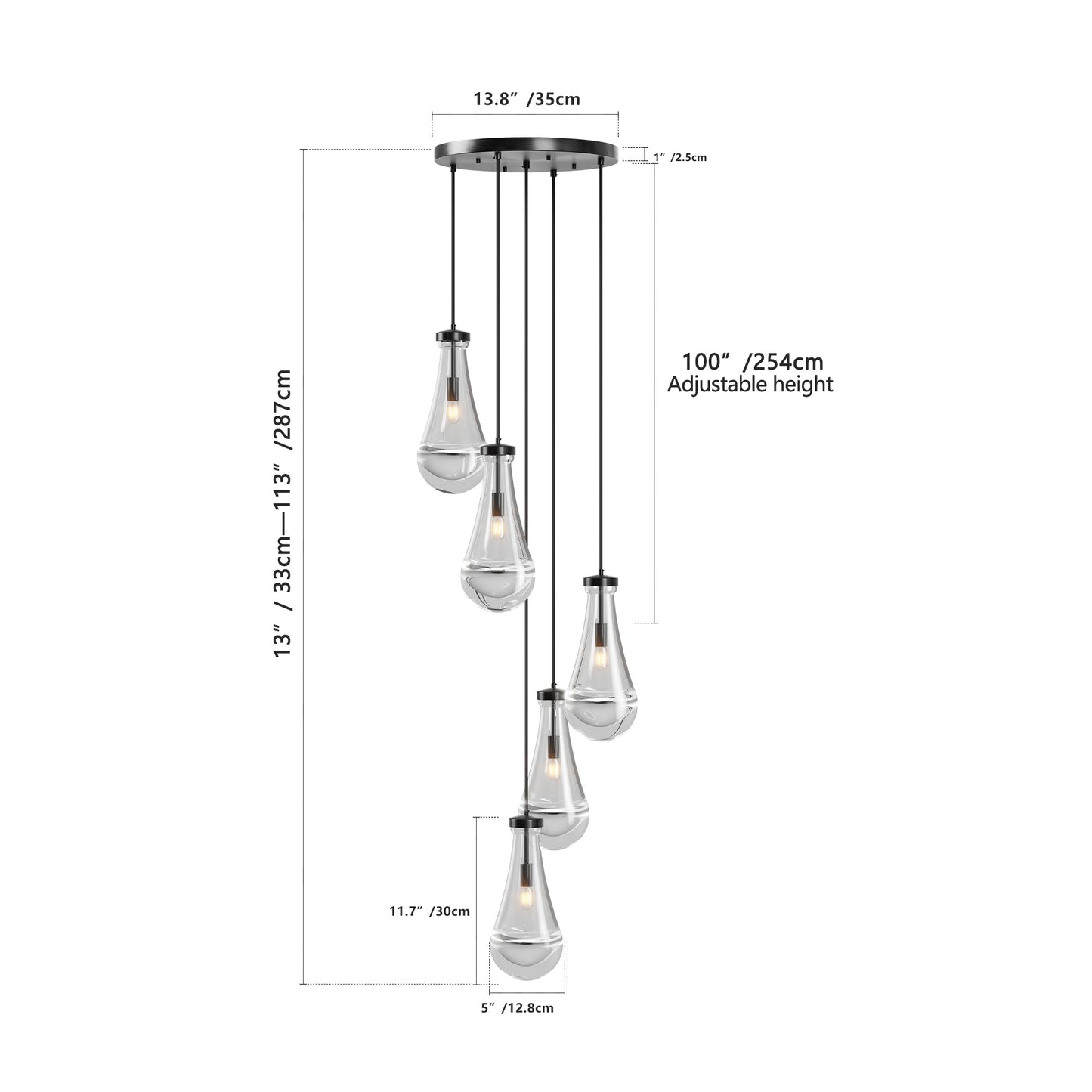 Chandelier 5-Light Cluster Pendant Black High Ceiling Adjustable E12