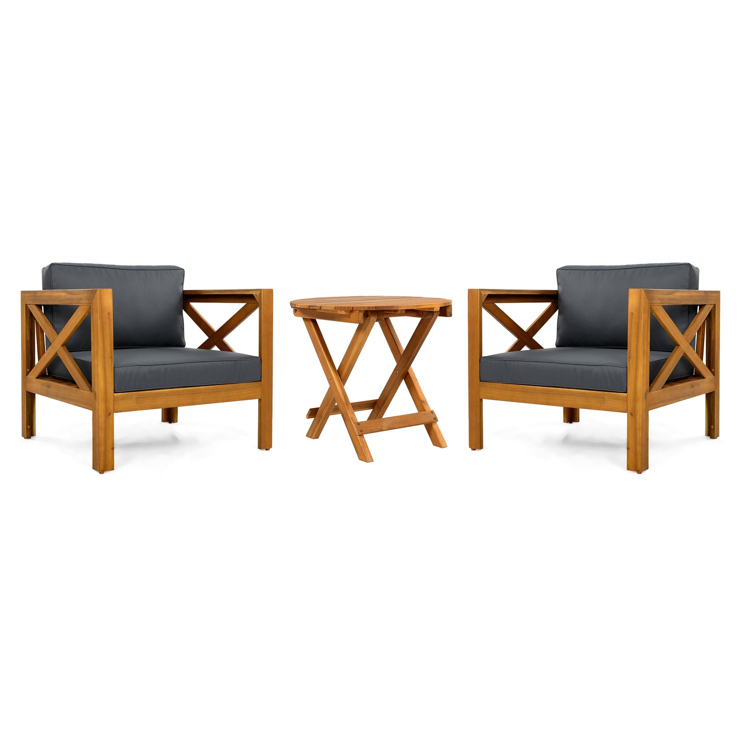 Outdoor Conversation Set Acacia Wood Teak Dark Gray Cushion 3 Piece