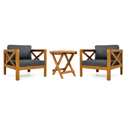 Outdoor Conversation Set Acacia Wood Teak Dark Gray Cushion 3 Piece