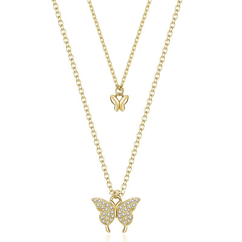 Double Layer Zircon Butterfly Necklace For Women, Dainty Stacked Collarbone Chain, Adjustable Long Sweater Chain Minimal Fashion Jewelry
