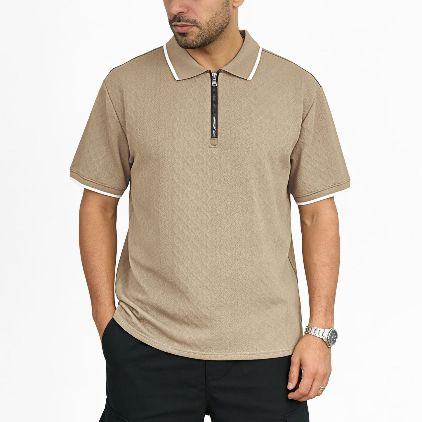 Mens Jacquard Loose-Fit Short-Sleeve Zip-Up Polo Shirt